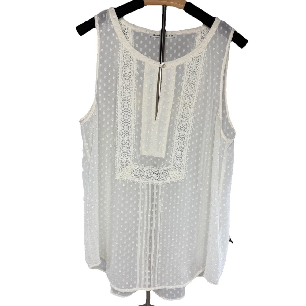 Daniel Rainn Womens Top Large Ivory Swiss Dot Lace Sleeveless Blouse Sheer Boho